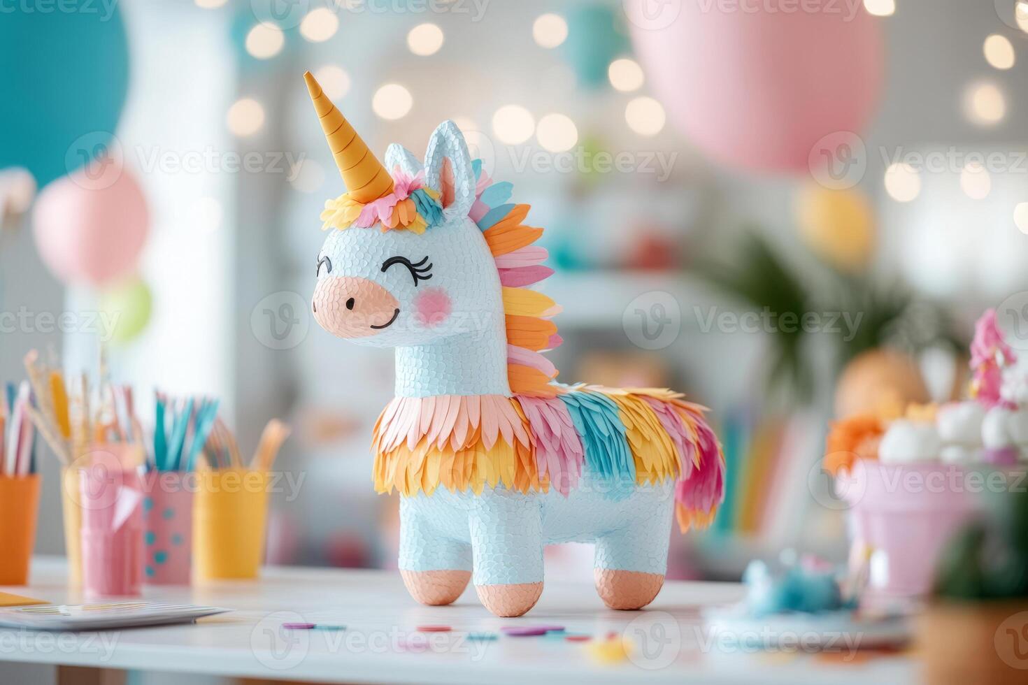 Pastel colored unicorn pinata on a decorated table surrounded by party supplies, balloons, and banners photo