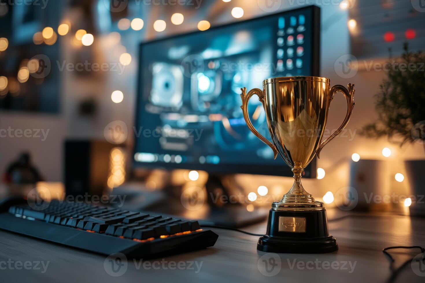 Golden trophy on a desk in a modern tech workspace with computer monitor photo