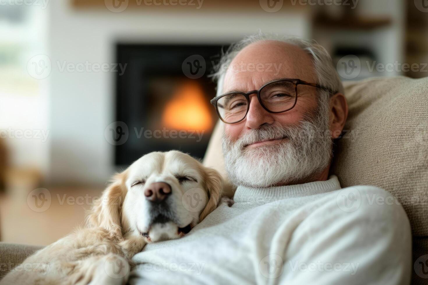 Man relaxing by a cozy fireplace with a sleeping dog photo
