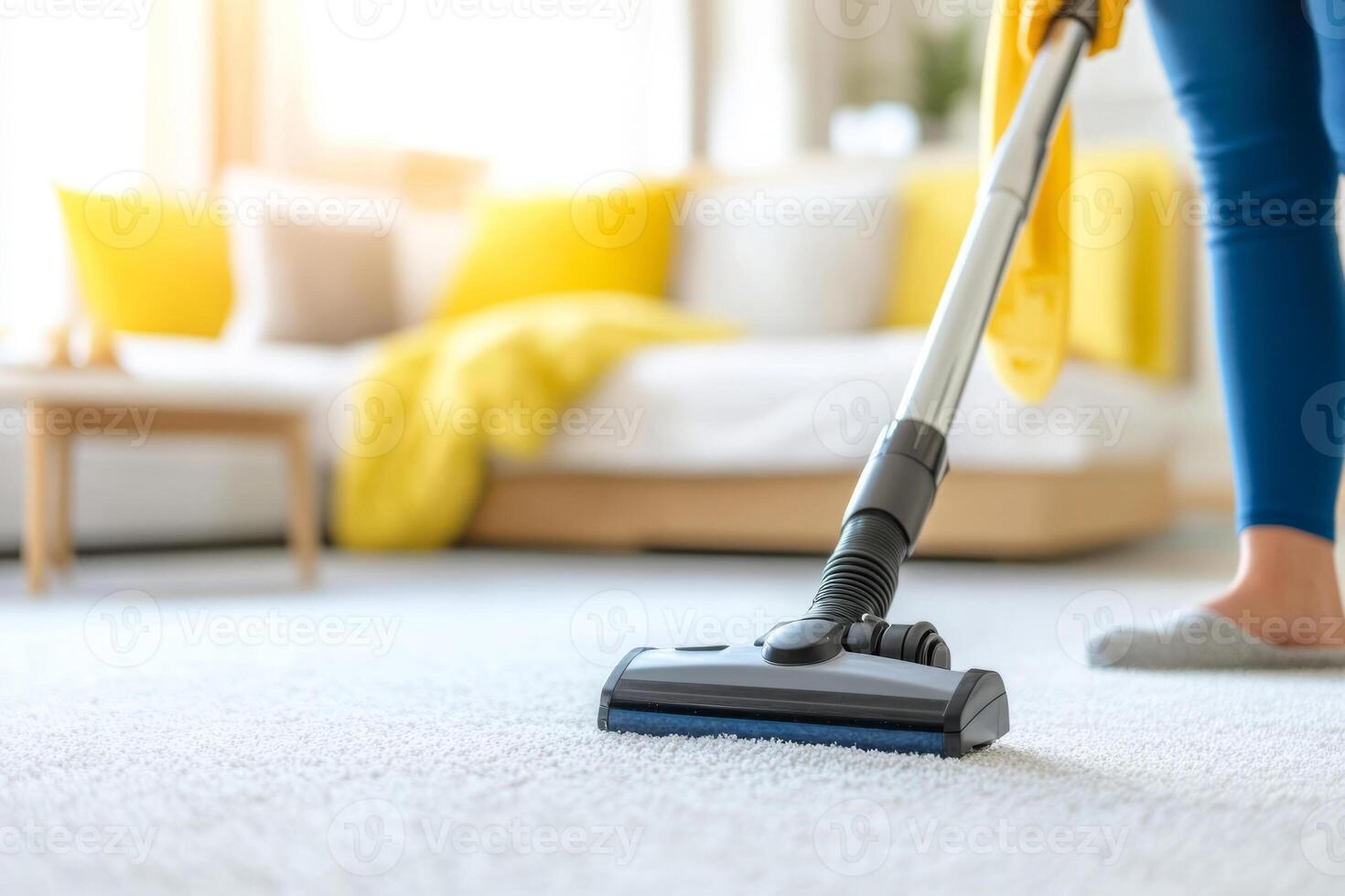 Person cleaning a carpet with a vacuum cleaner in a bright modern bedroom photo