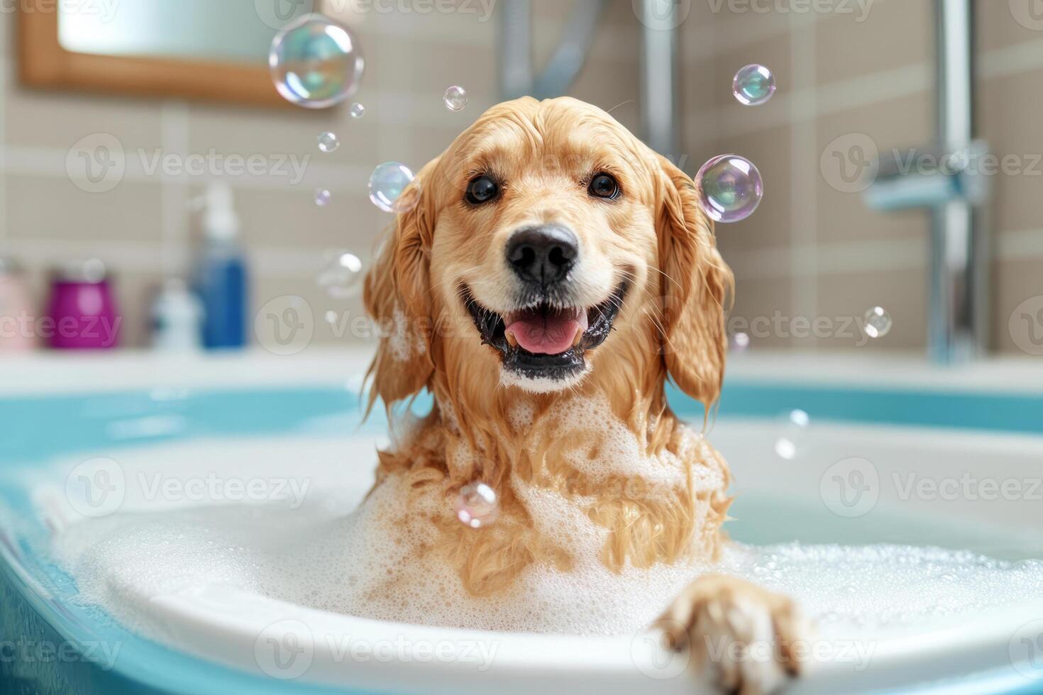 Cheerful dog enjoying a bubble bath, surrounded by soap bubbles photo
