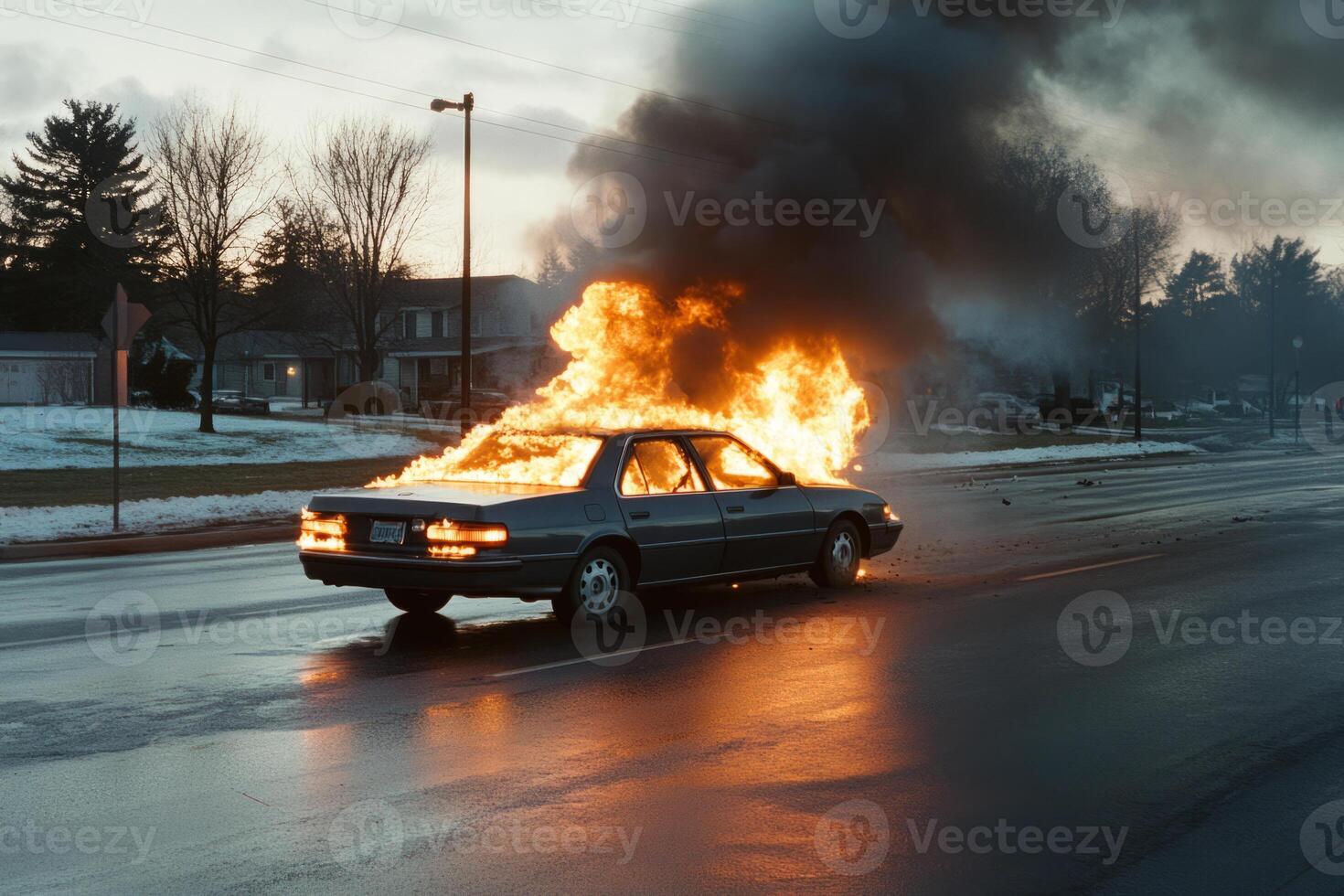 Burning car on the side of a highway with flames photo