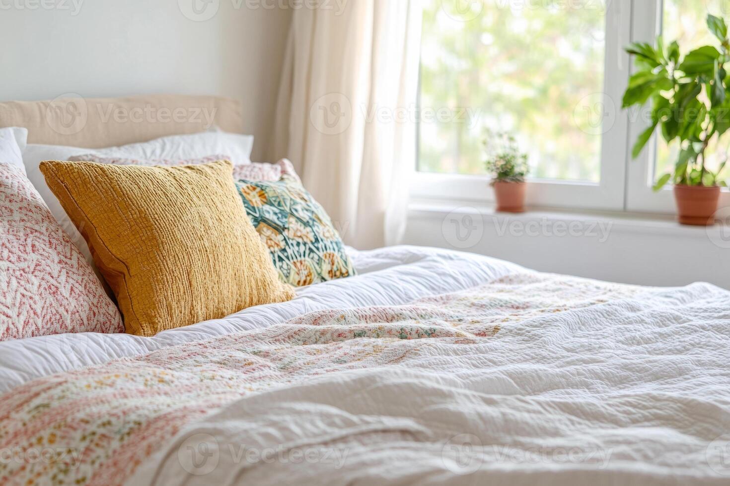 Bedroom featuring a neatly made bed with textured pillows and blankets in earthy tones photo