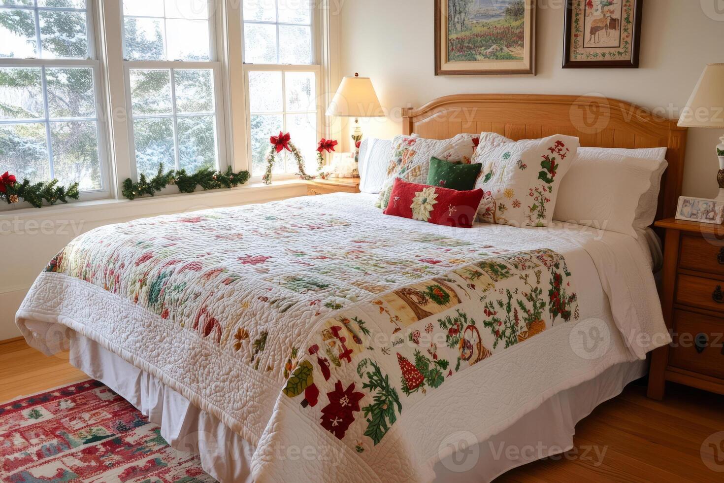 Cozy bedroom with a Christmas themed bedding. Holiday atmosphere photo