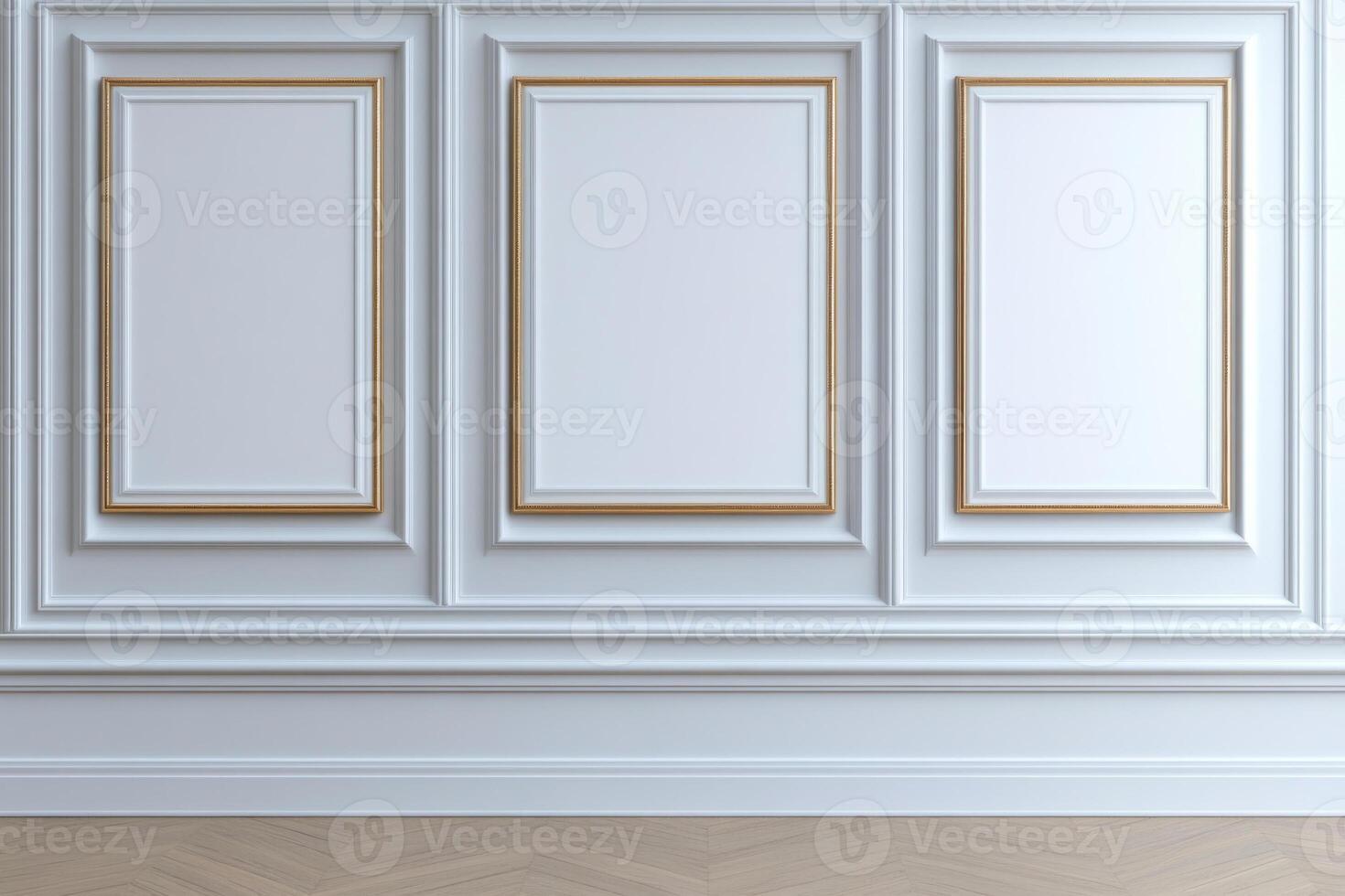 White wall with classic rectangular panels and gold trim. Luxurious interior design photo