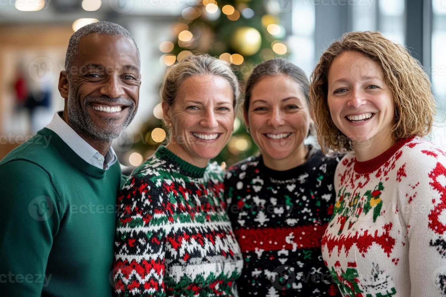 Smiling friends wearing festive Christmas sweaters. Holiday season in a cheerful atmosphere photo