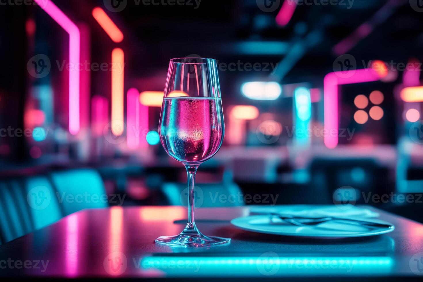Glass of alcohol on a table in a bar with vibrant neon lighting. Atmospheric nightlife photo