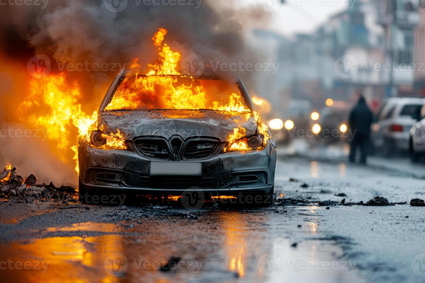 Burning car on the side of a highway with flames photo