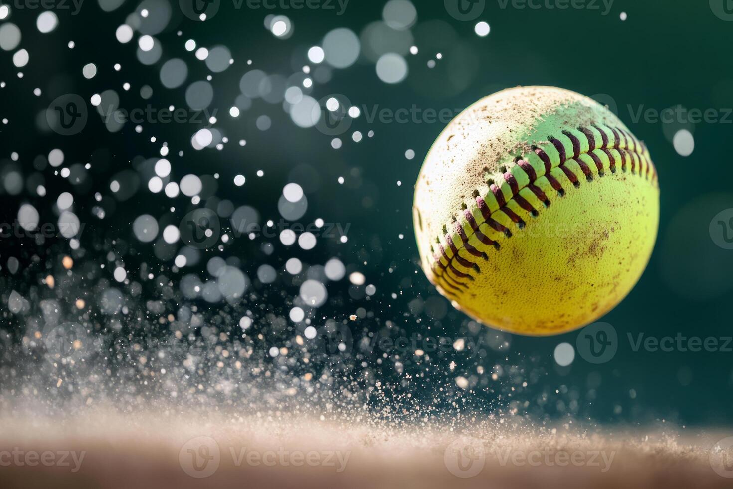 Softball suspended in midair with dust particles photo