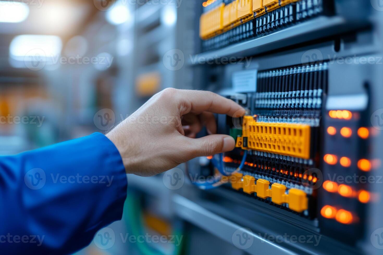 Engineers hand adjusting a component on an industrial control panel photo