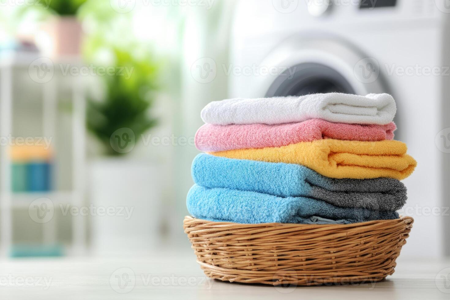 Stack of fresh towels in bathroom. Clean fresh bathroom setting photo