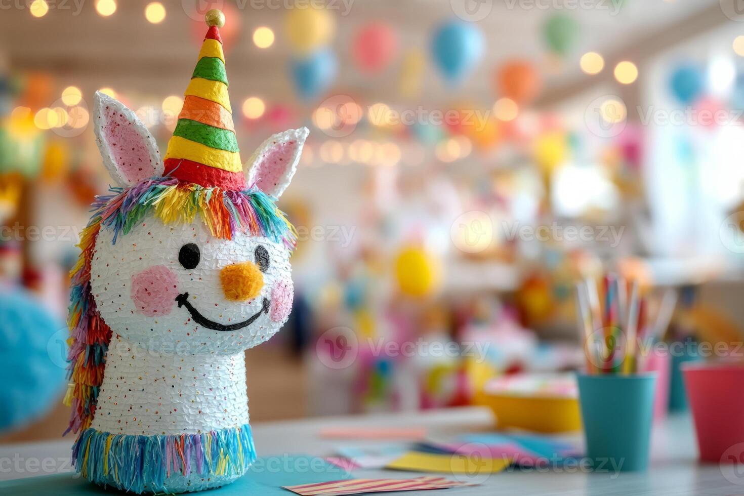 Pastel colored unicorn pinata on a decorated table surrounded by party supplies, balloons, and banners photo