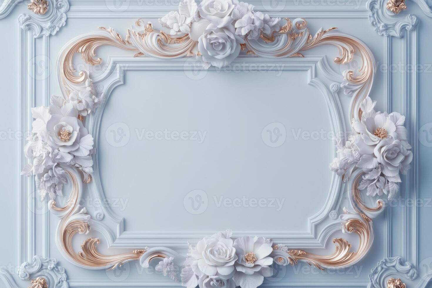 White frame with gold accents surrounded by floral and swirling patterns photo