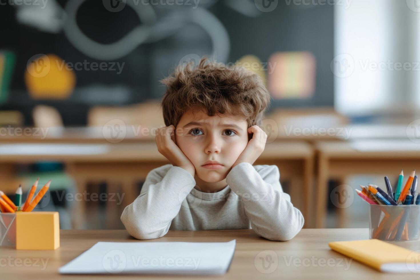 Frustrated bored boy sitting at a school desk, surrounded by paper photo