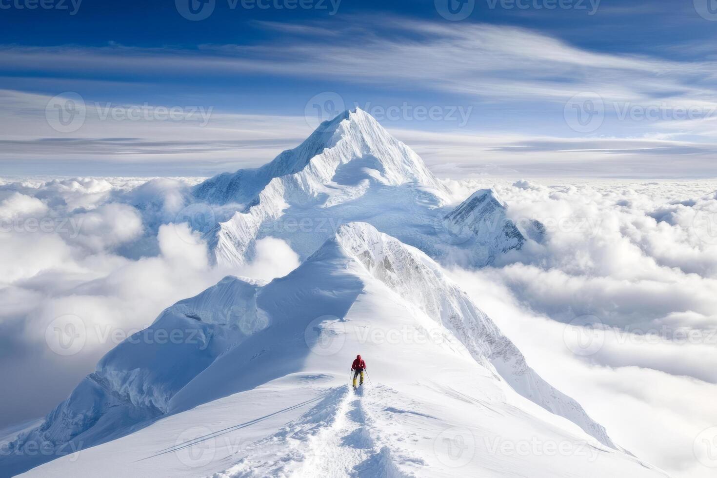 Lone mountaineer hikes along a snow covered ridge, surrounded by towering peaks photo