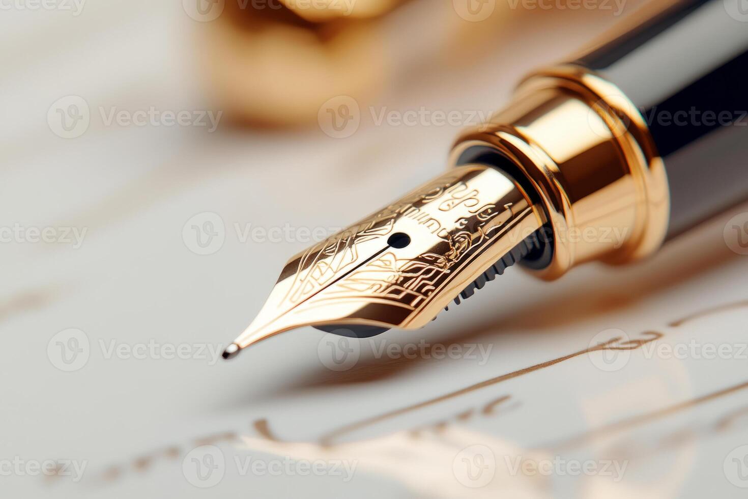 Luxurious pen with intricate gold detailing writes on paper in a flowing script photo