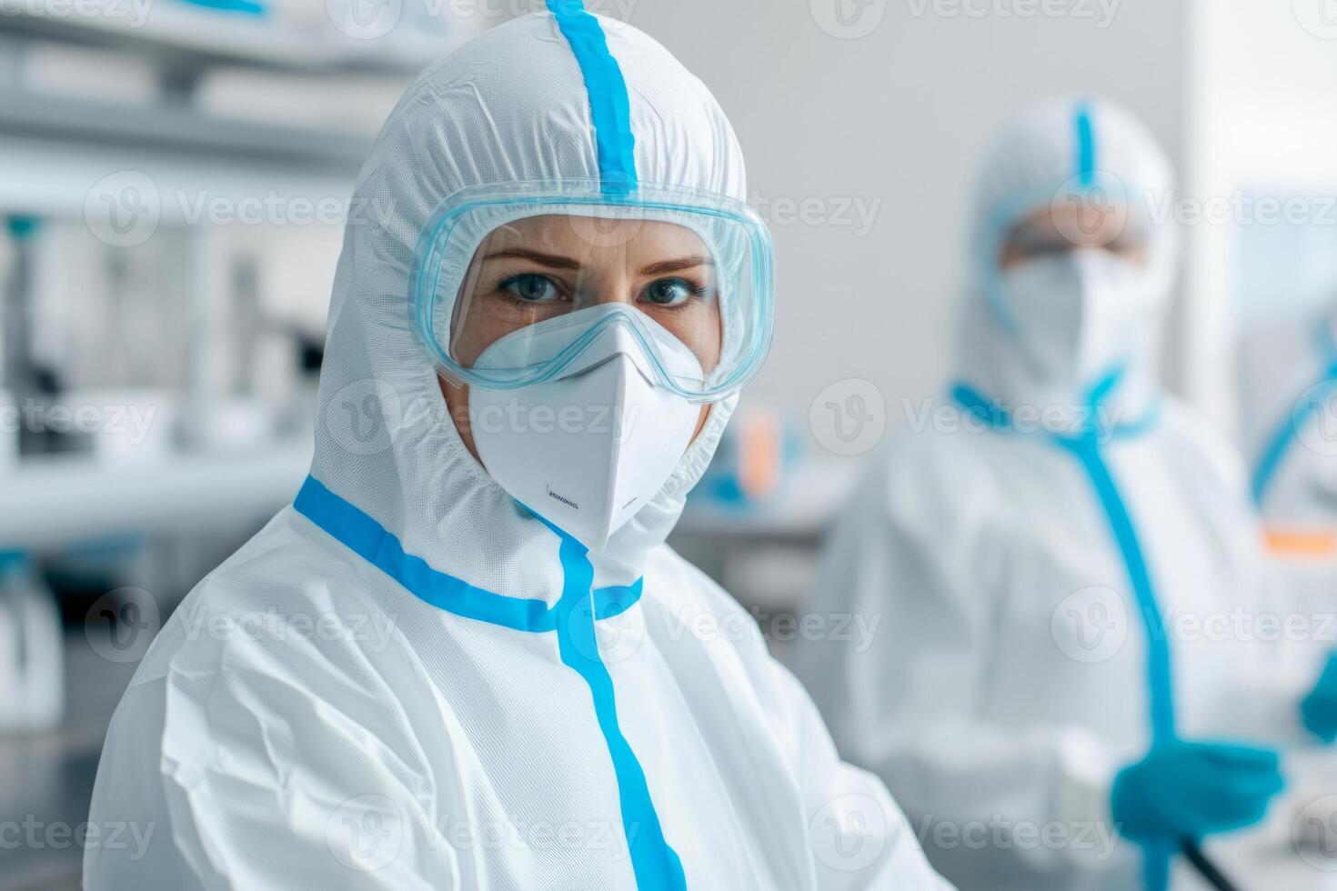 Researchers in face masks and shields work in a laboratory photo