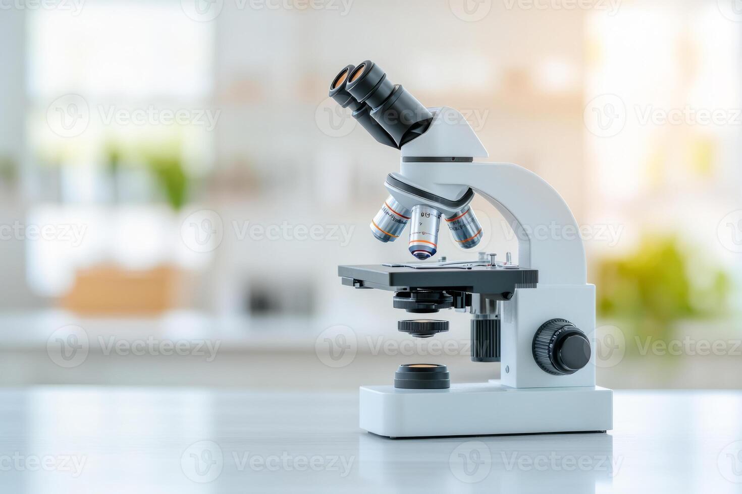 Microscope in a laboratory with blurred lighting in the background photo
