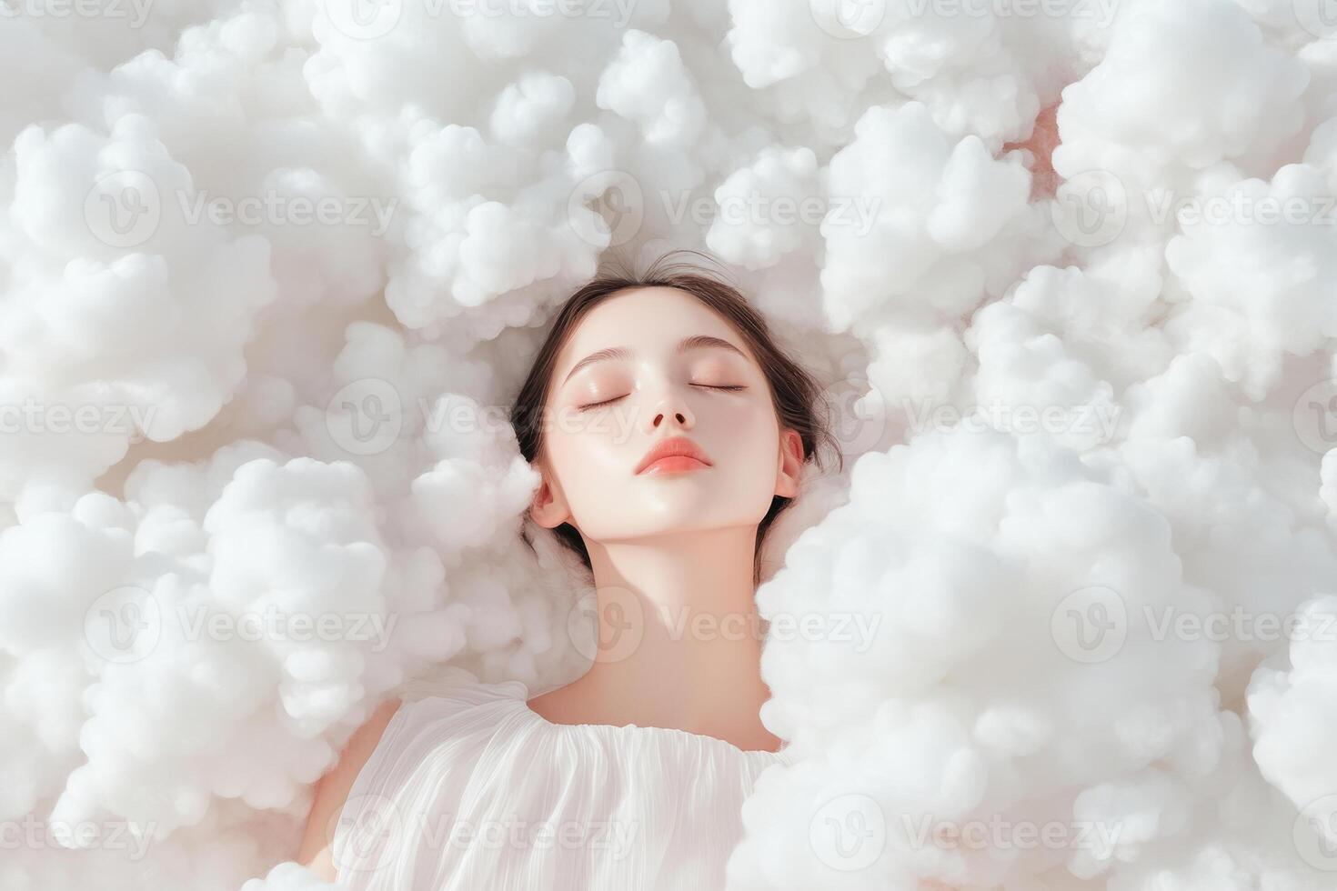 Woman lies among fluffy white clouds. Calm dreamy emotions photo
