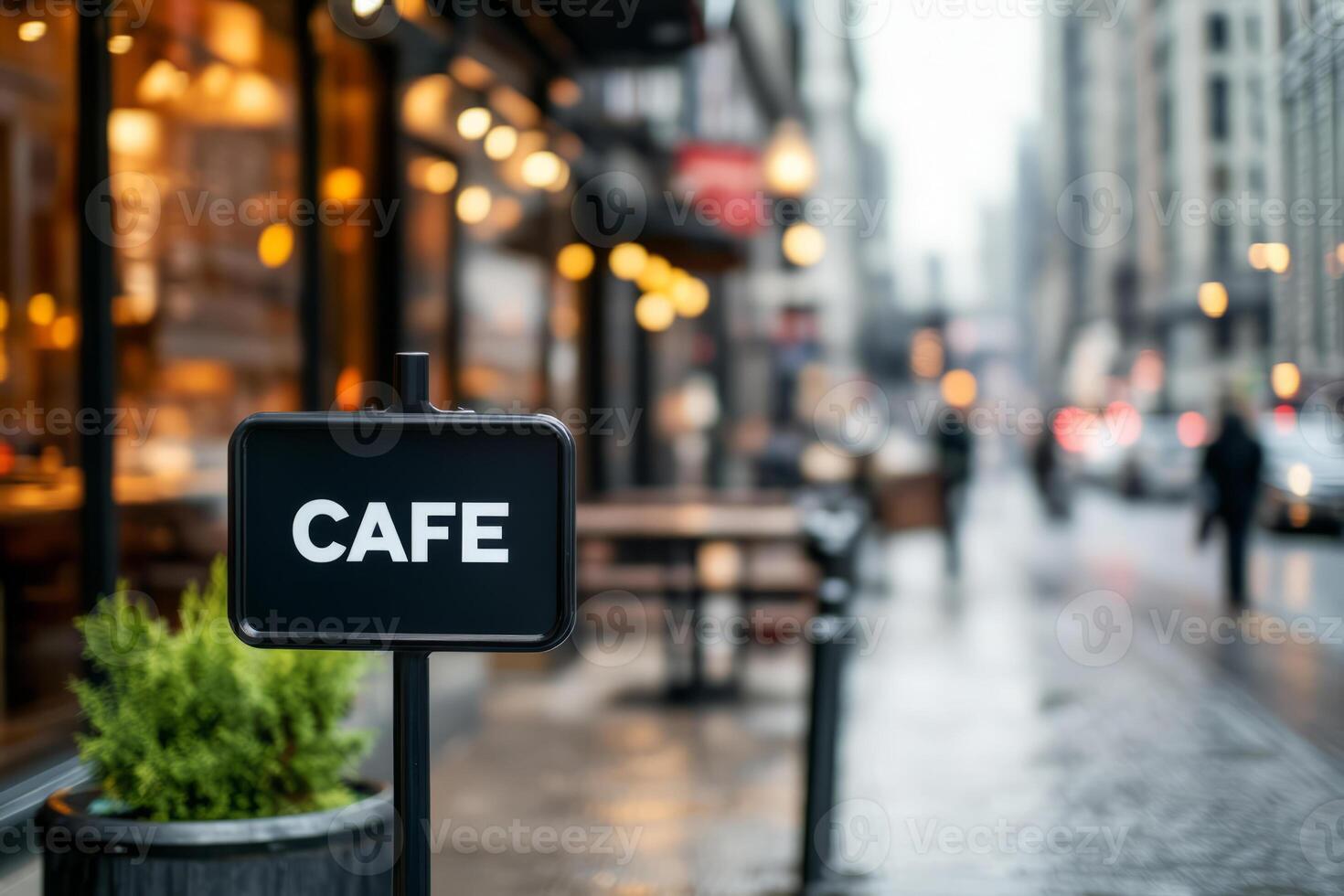 Cafe sign surrounded by greenery in front of a classic building with ornate decor photo
