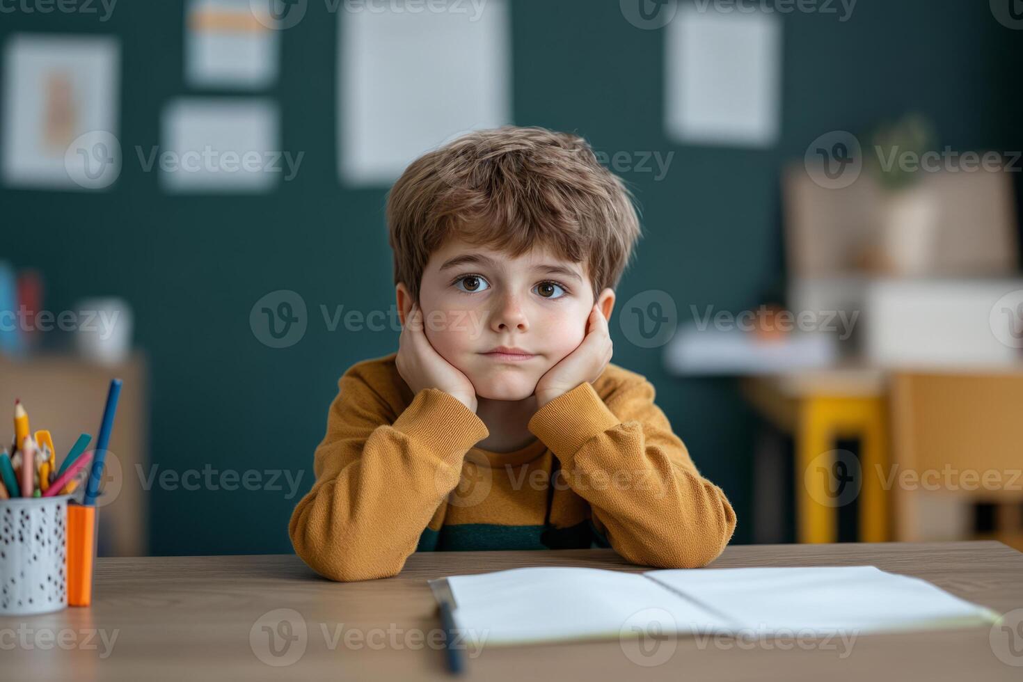 Frustrated bored boy sitting at a school desk, surrounded by paper photo