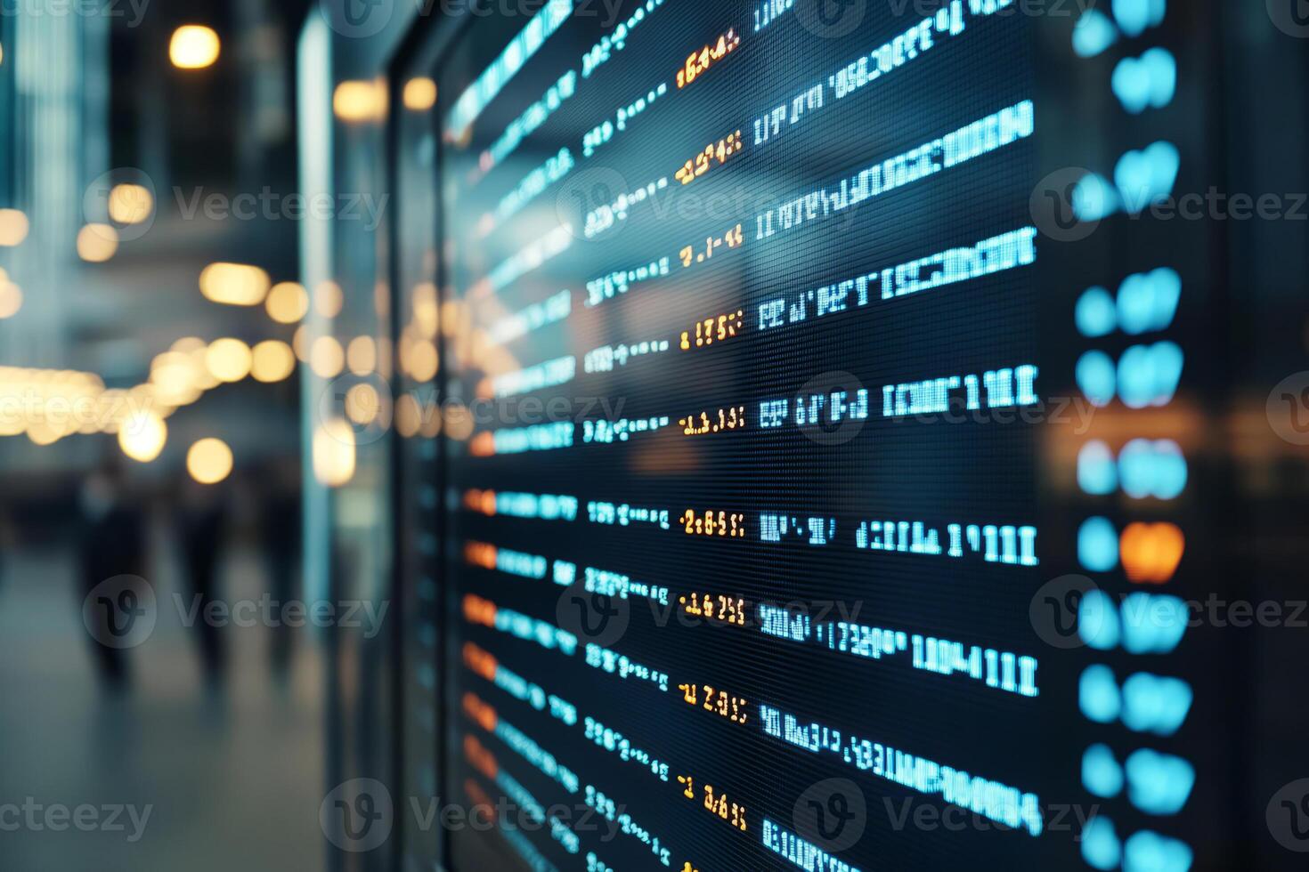 Digital stock market display with financial data. Trading environment with blurred background photo