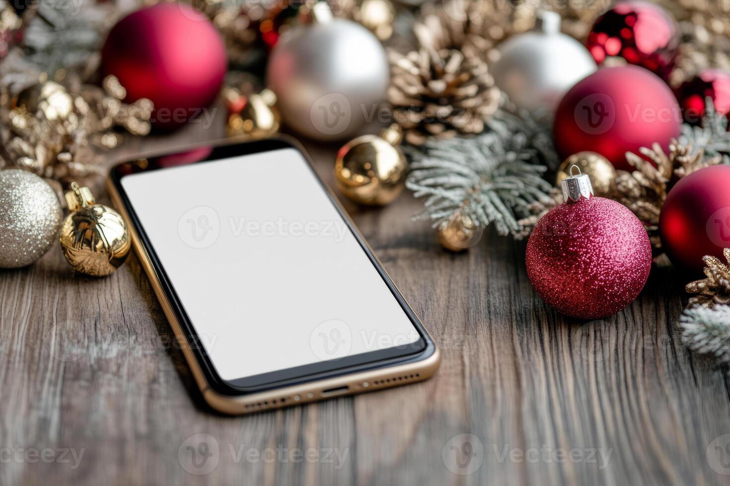Smartphone with a blank screen surrounded by Christmas ornaments, pinecones, and holiday lights photo