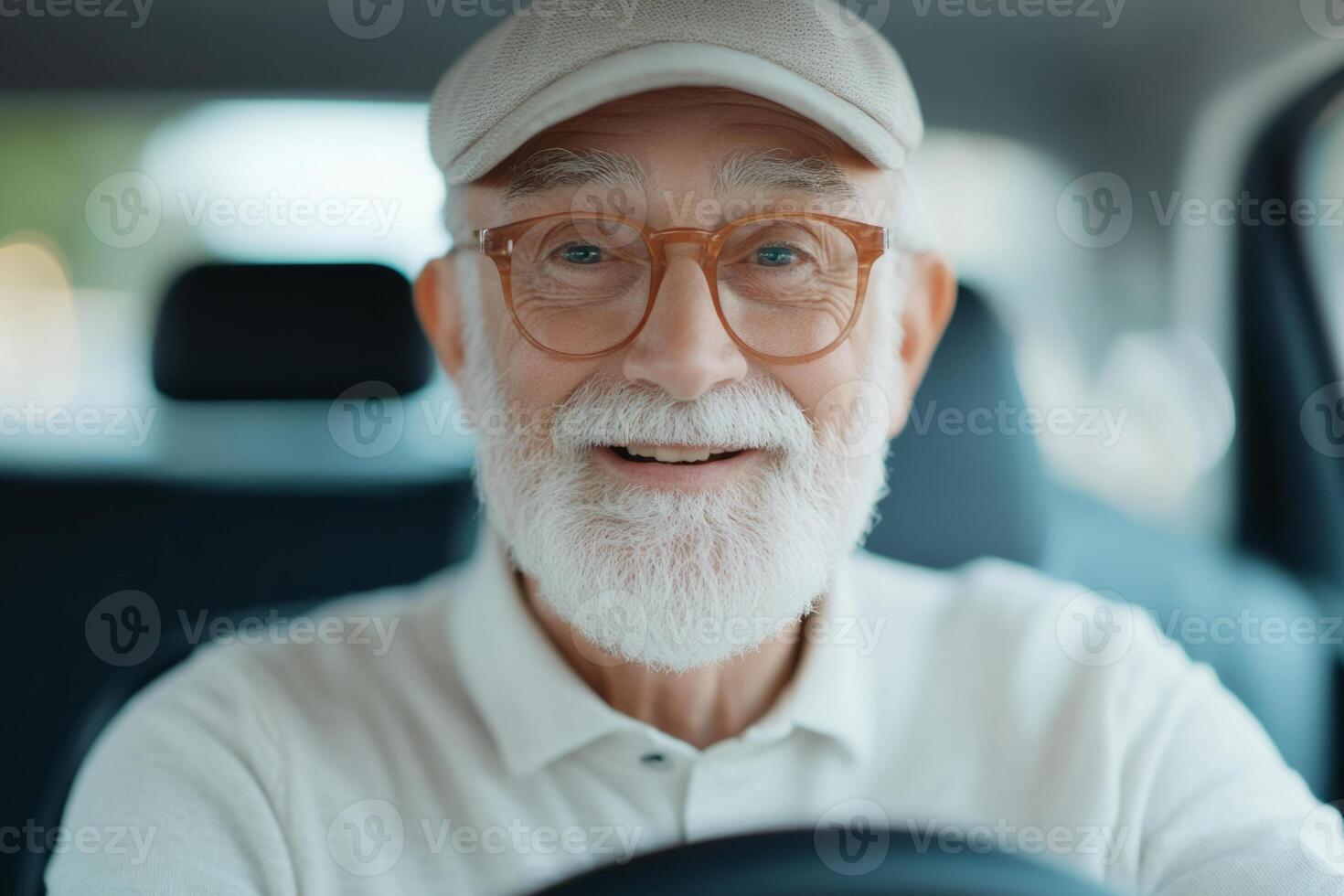 Senior man with glasses smiles while driving a car photo
