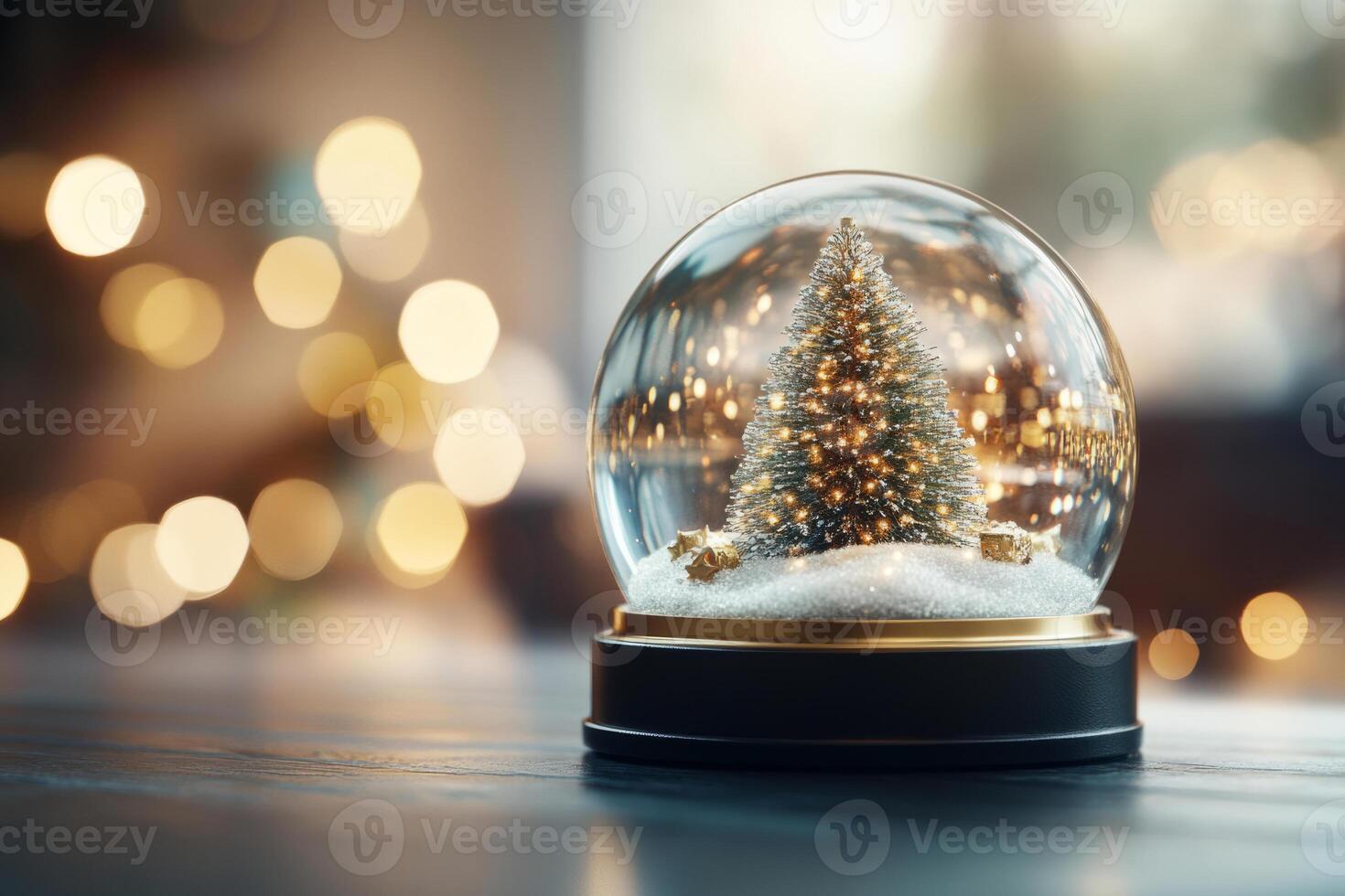 Snow globe featuring a decorated Christmas tree and presents inside on a background of festive lights photo