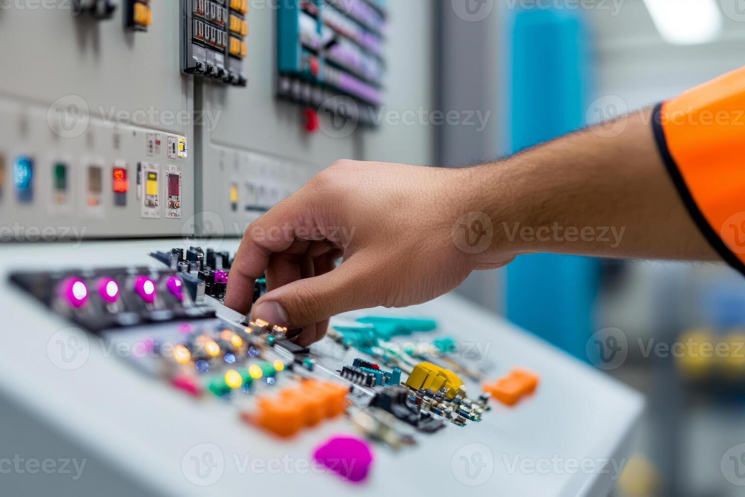 Engineers hand adjusting a component on an industrial control panel photo