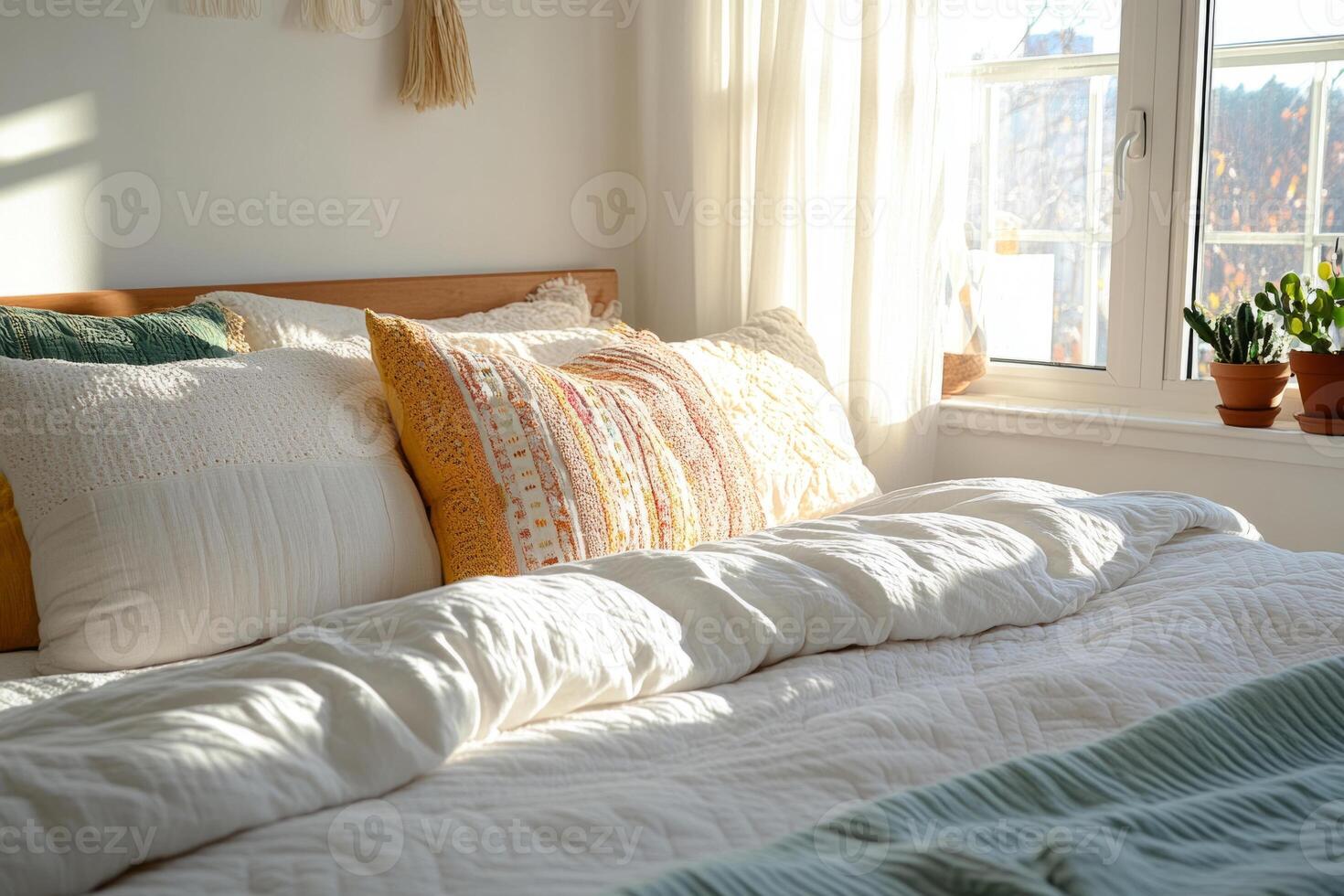 Bedroom featuring a neatly made bed with textured pillows and blankets in earthy tones photo