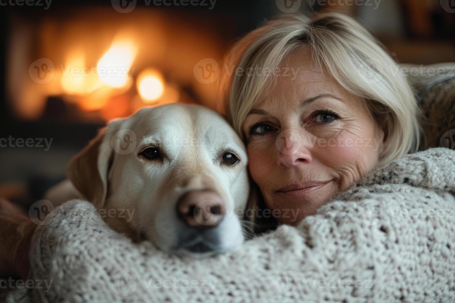 Woman relaxing and cuddling with her dog near a fireplace photo