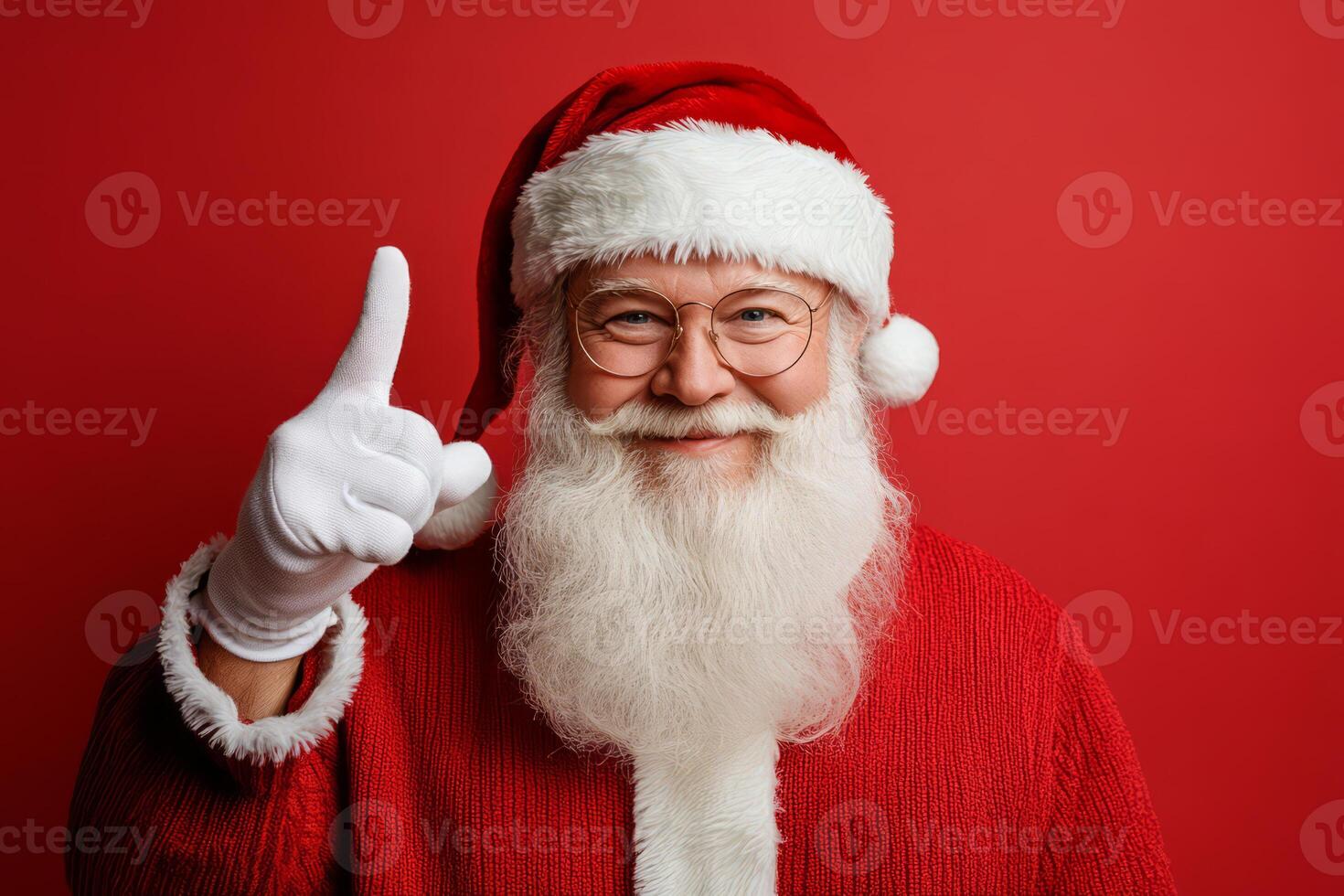 Cheerful Santa Claus in glasses and a white beard points upwards photo