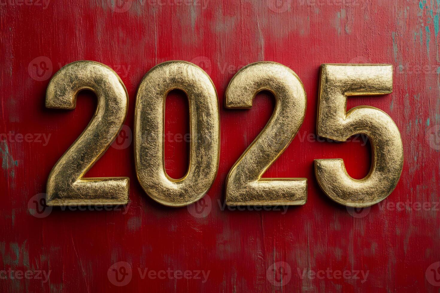 Glittering gold 2025 numbers on red background with Christmas ornaments and pine branches photo