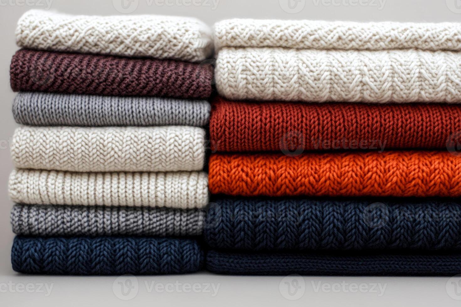 Folded wool sweaters with textured knitting patterns in various colors photo