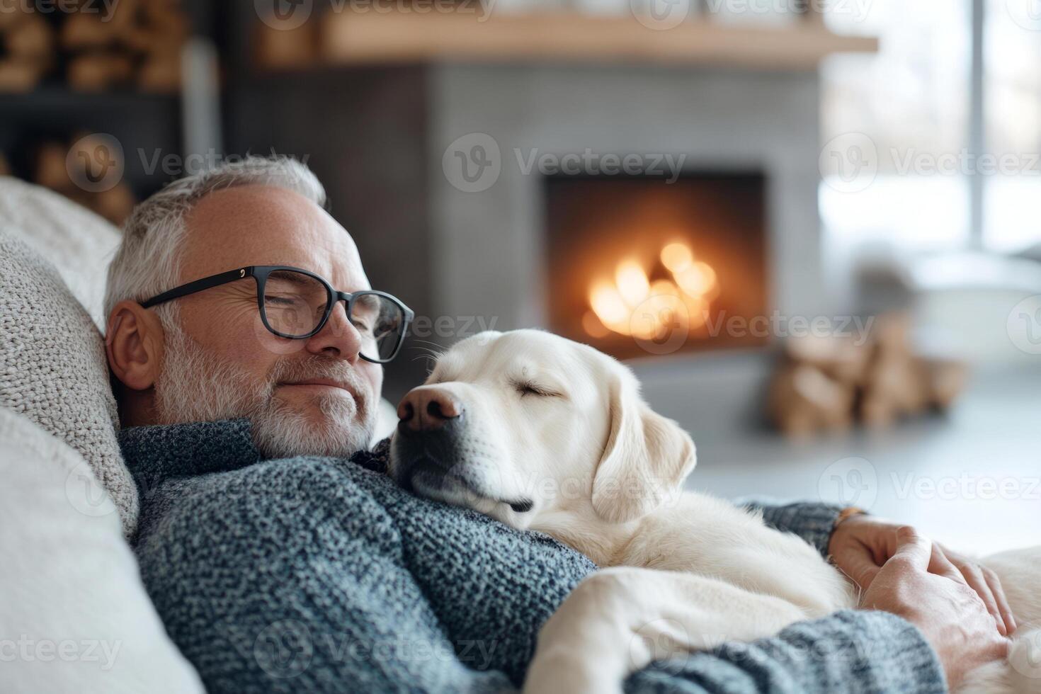 Man relaxing by a cozy fireplace with a sleeping dog photo