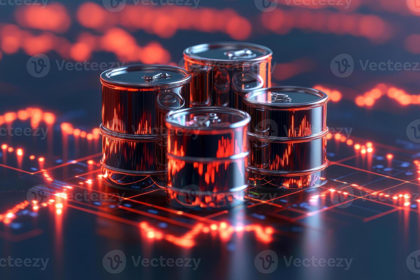 Oil barrels with a blurred stock market chart in the background. Oil prices, global commodities markets photo