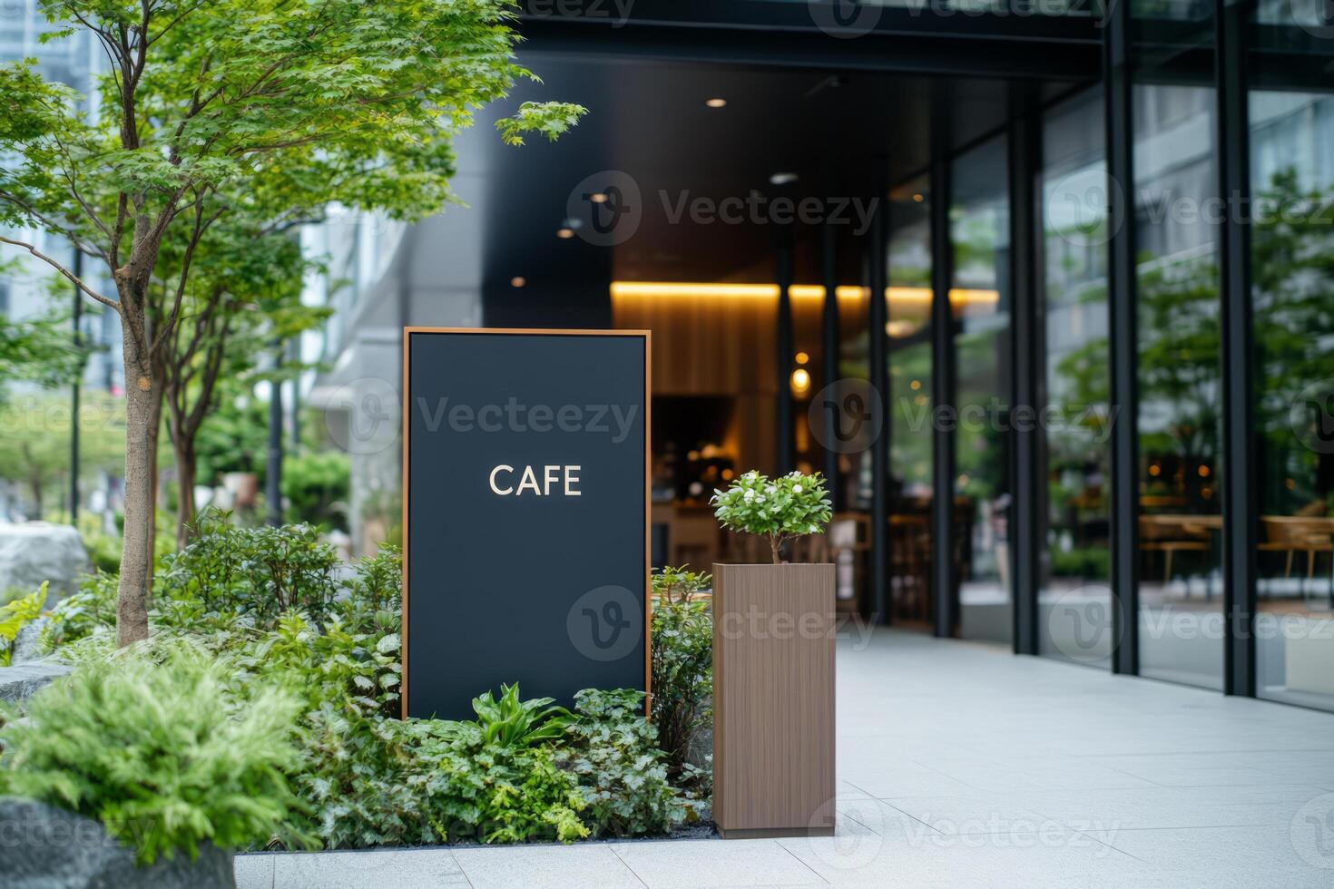 Cafe sign surrounded by greenery in front of a classic building with ornate decor photo