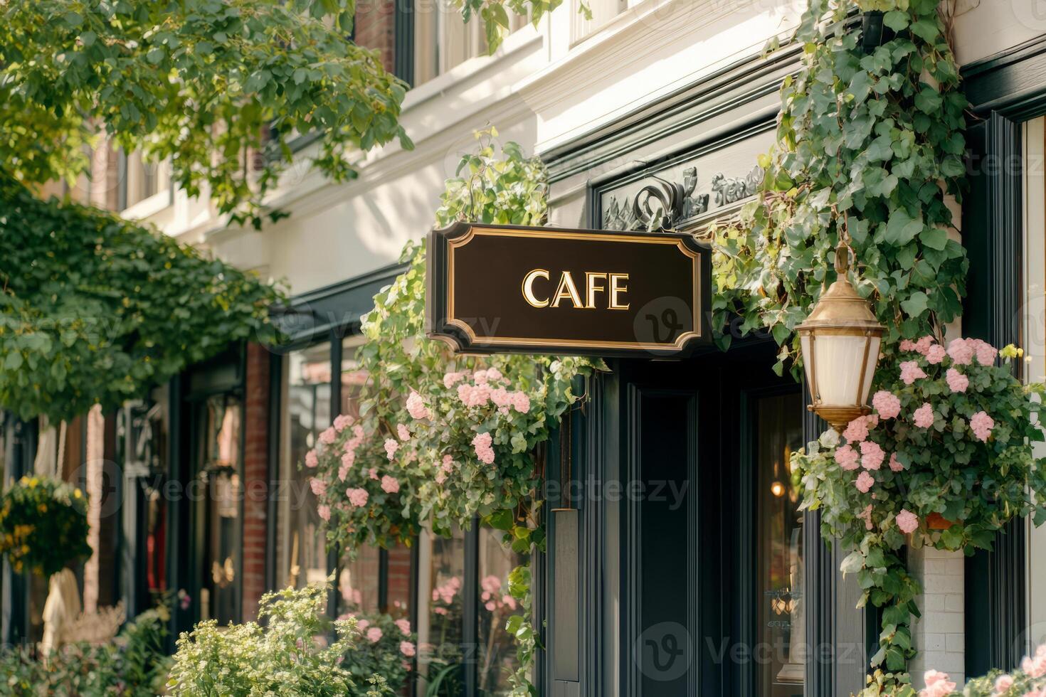 Cafe sign surrounded by greenery in front of a classic building with ornate decor photo