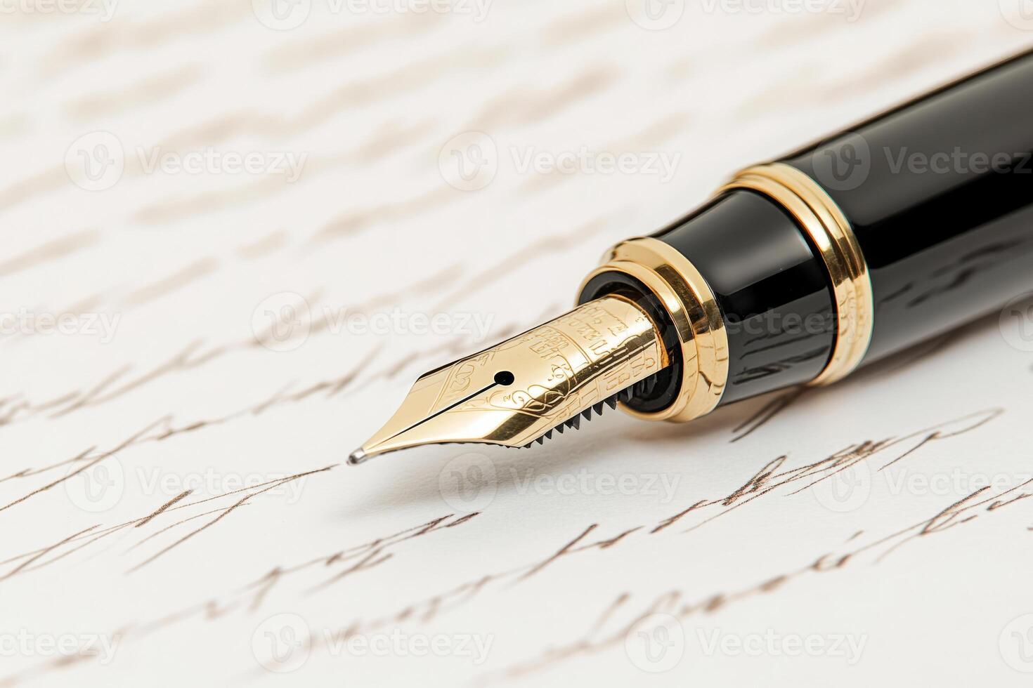 Luxurious pen with intricate gold detailing writes on paper in a flowing script photo