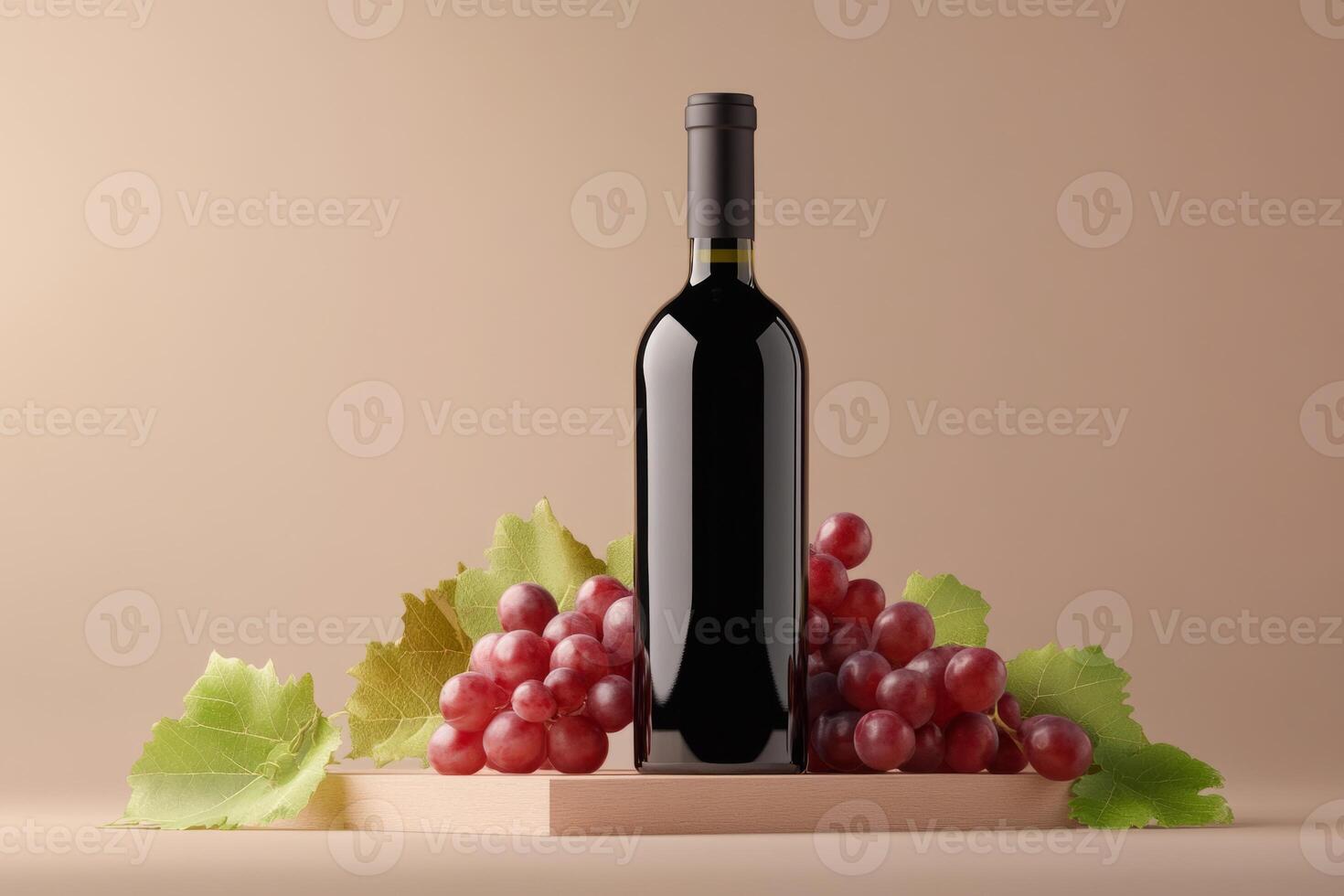 Wine bottle surrounded by a bunch of red grapes photo
