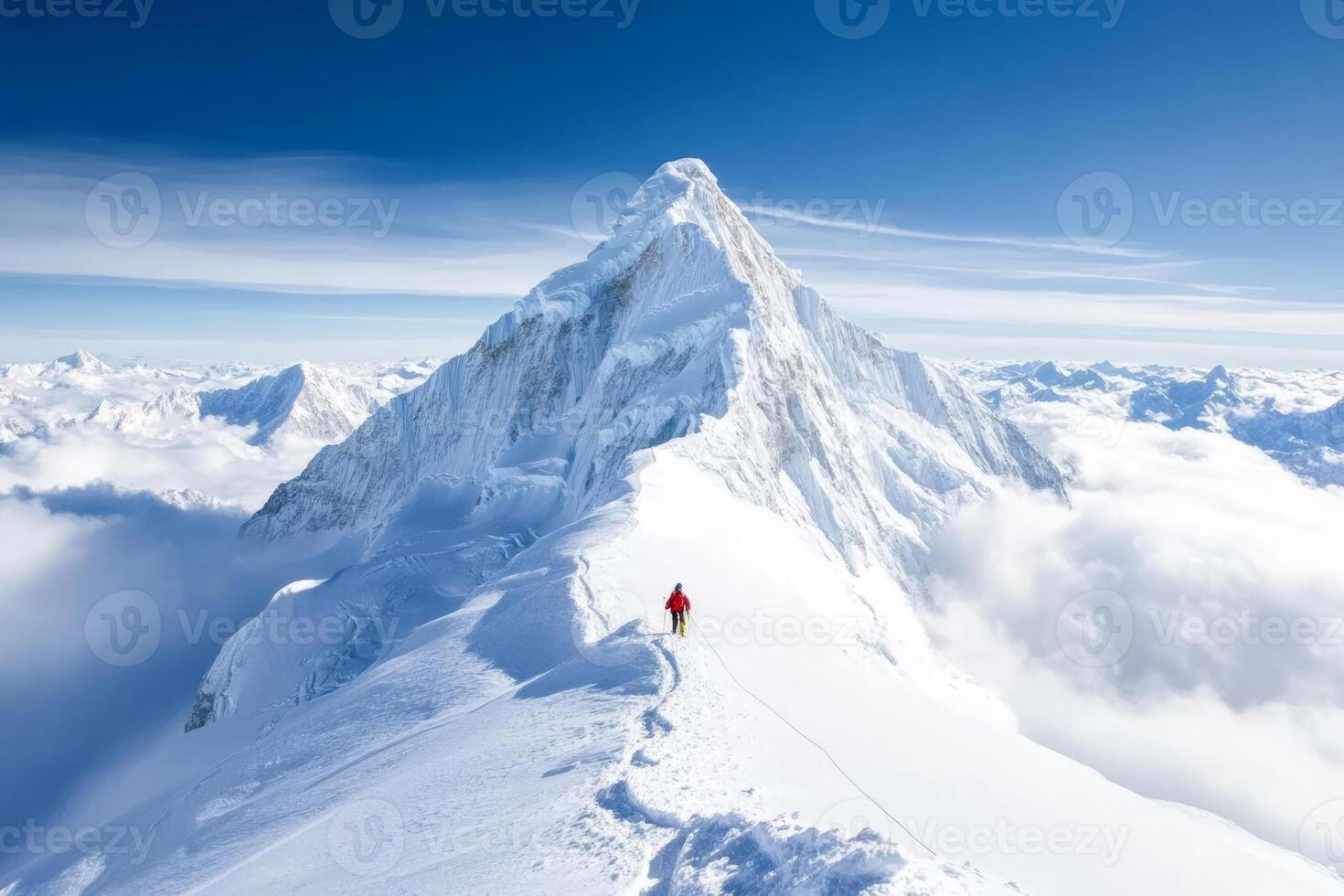 Lone mountaineer hikes along a snow covered ridge, surrounded by towering peaks photo