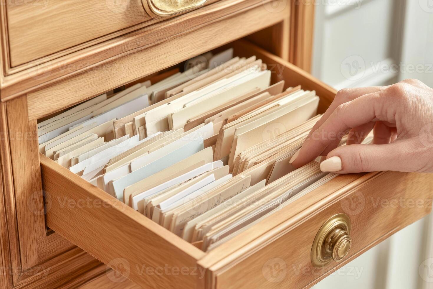Open drawer of a vintage wooden filing cabinet filled with old paper documents photo