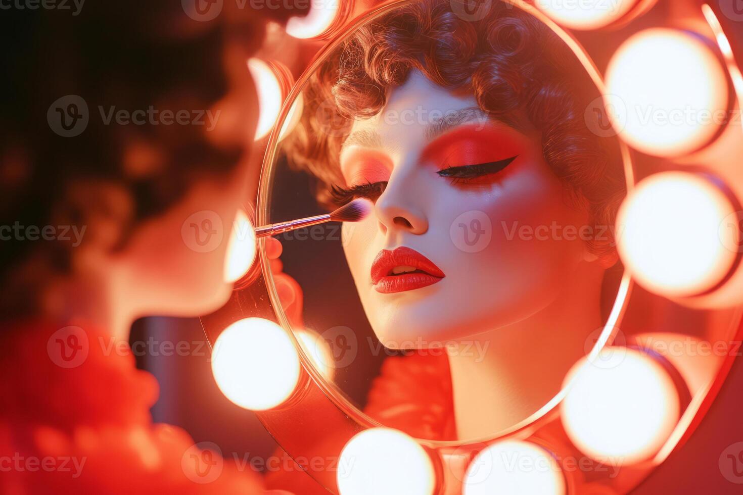 Glamorous drag queen applies makeup under soft, warm lights photo