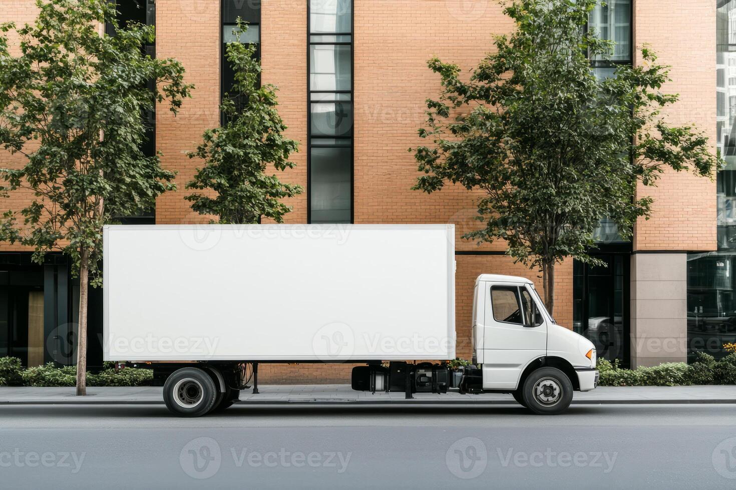 Empty blank white mockup of the truck on city street with buildings in the background photo