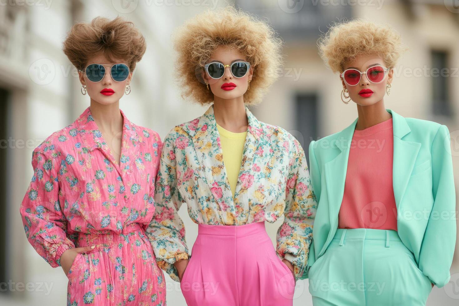 Women dressed in 1980s inspired oversized outfits featuring bold colors photo