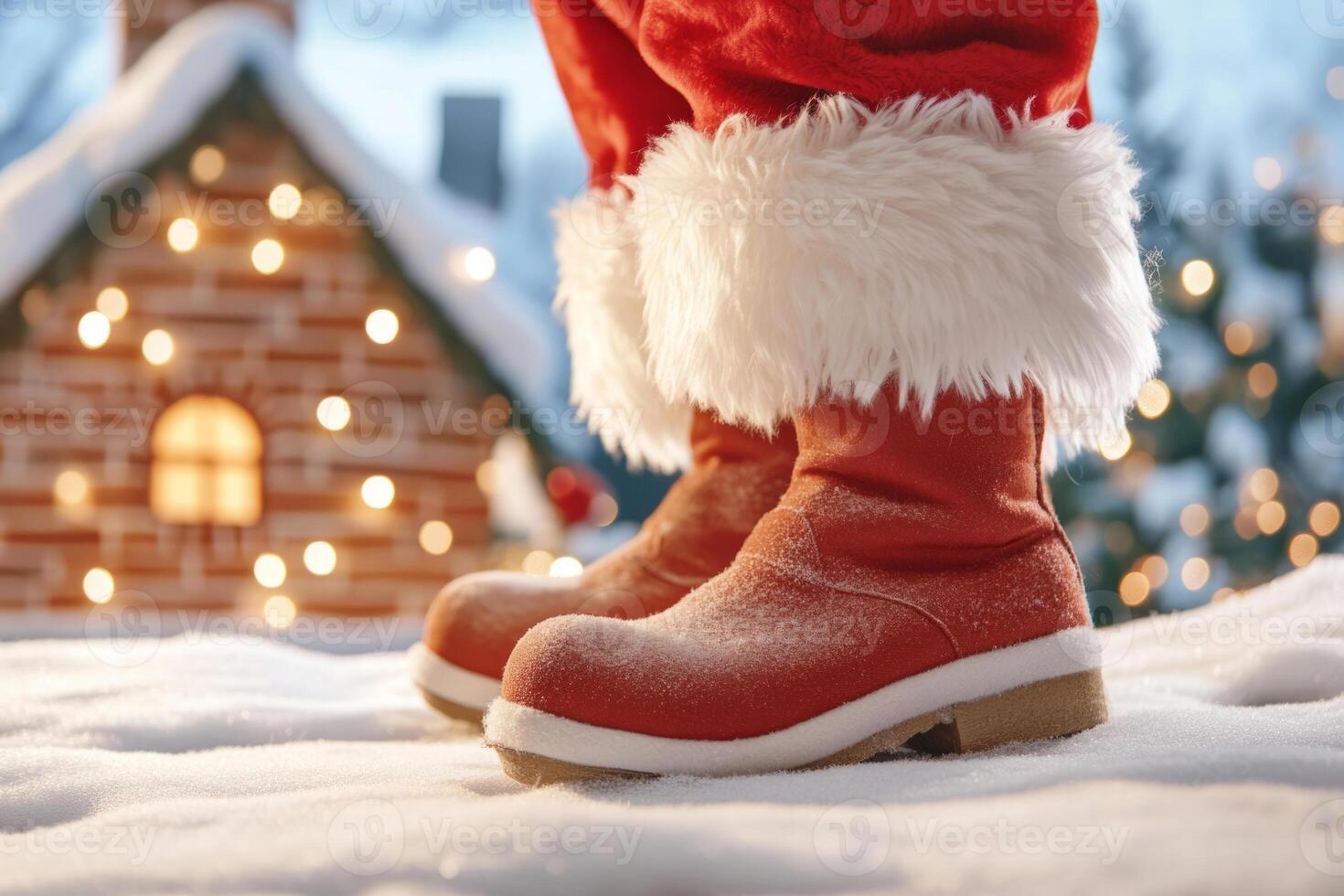 Santa Claus in boots standing on a rooftop beside a chimney photo