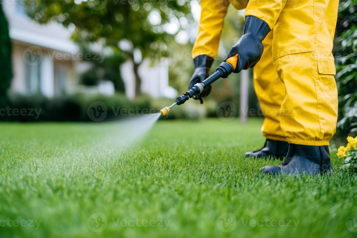 Gardener sprays pesticide on a lawn. Plant protection photo