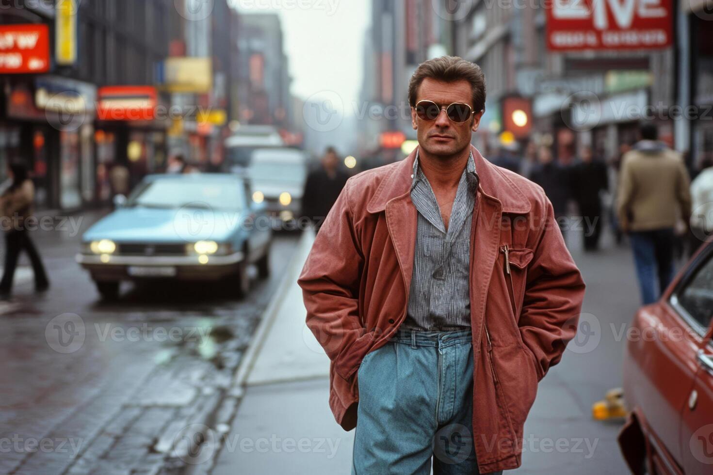 Man in classic 1980s fashion on city streets. Retro urban style photo