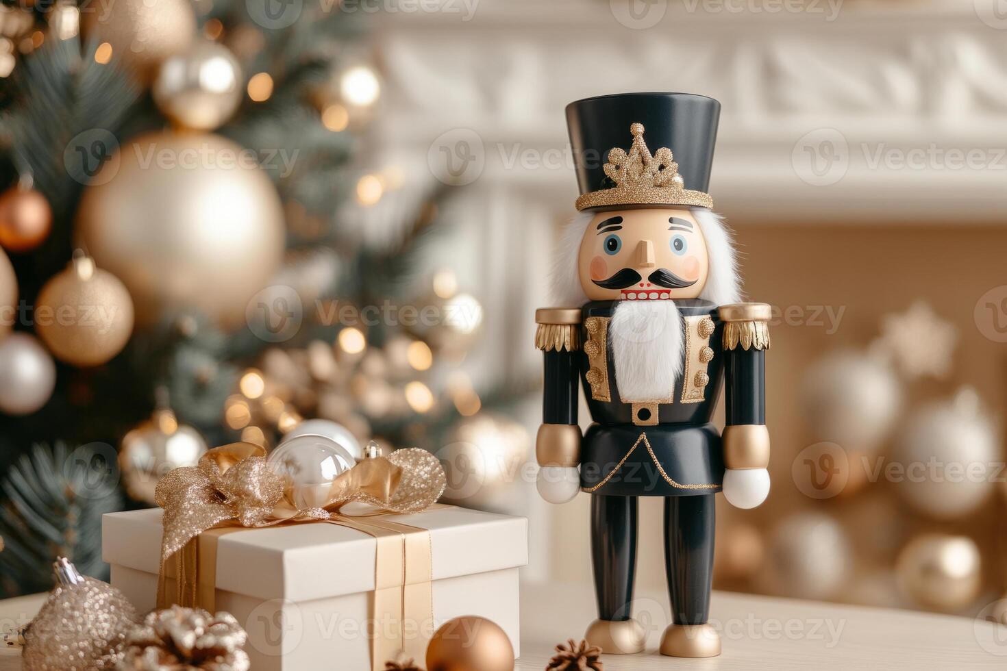 Christmas scene with nutcracker, decorations, a gift box, and a decorated tree in the background photo